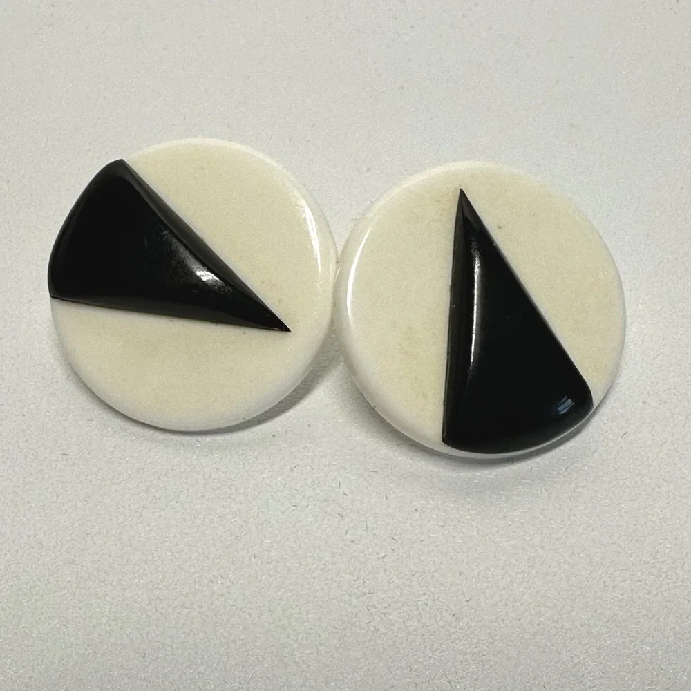 Black White Geometric‎ Earrings Round Stud Mod Minimalist Retro